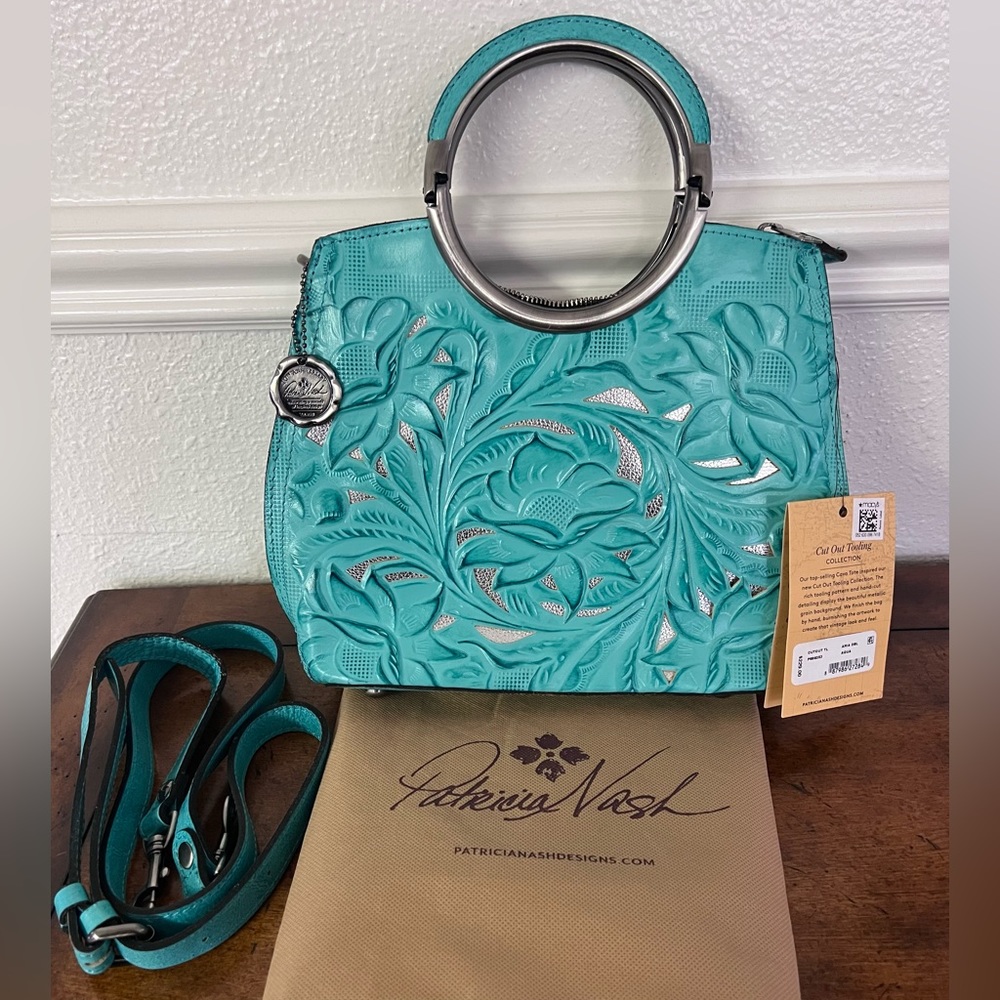 Patricia Nash New 10th Anniversary Tooled Cut Out Aria Aqua crossbody Bag